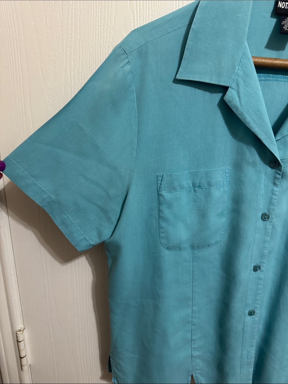 Notations Silk Button Up Turquoise Blue Short Sleeve Notched Collar Women’s Lrg - Picture 2 of 11